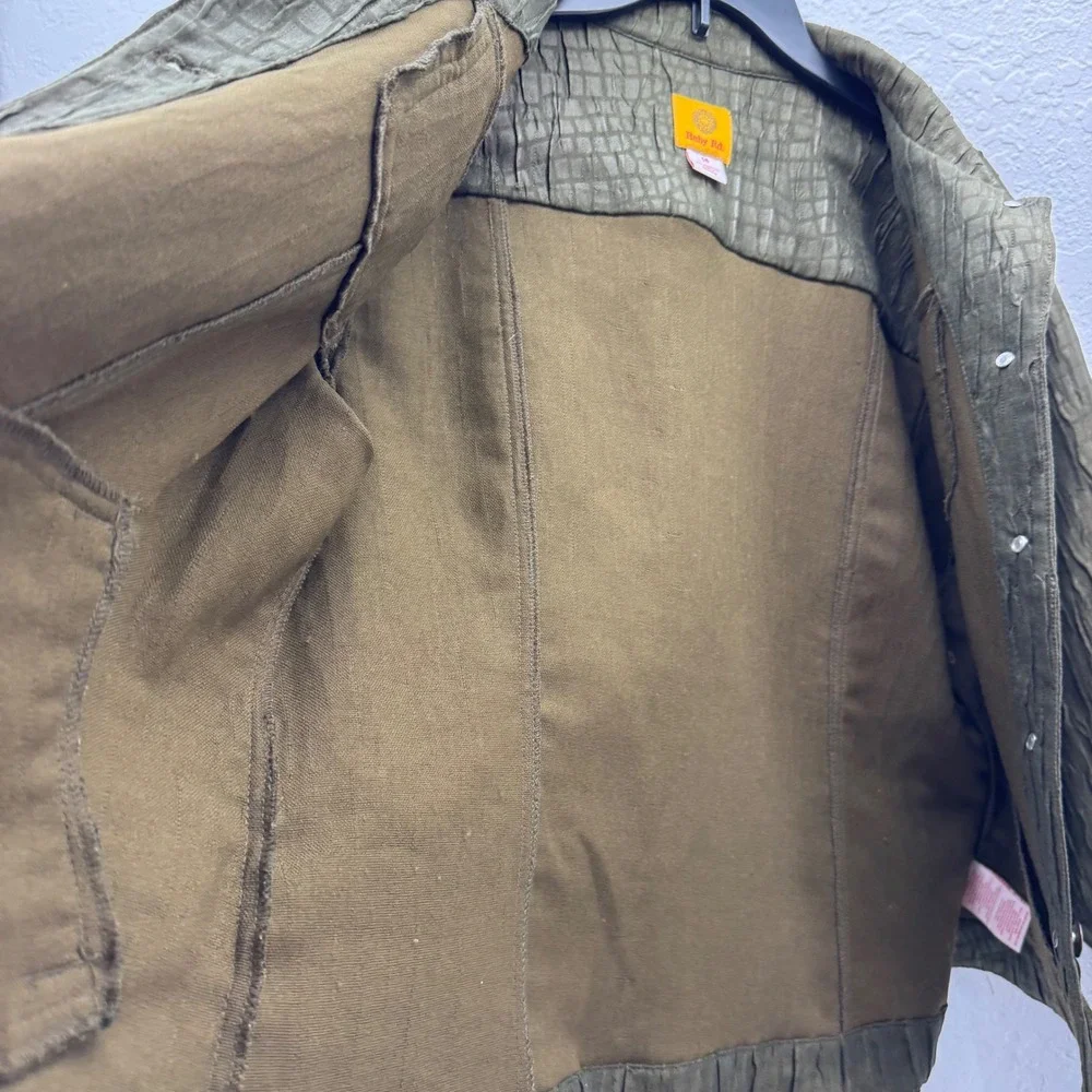 Ruby Rd Women's 14 Olive‎ Green Crinkle Textured Button Front Jacket Blouse Top